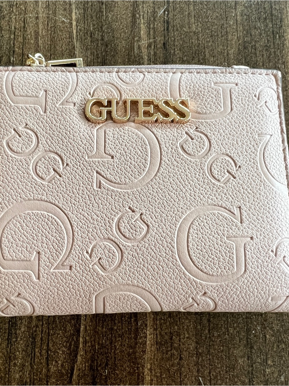 GUESS Light Pink Embossed Logo Zip Wallet with Gold Hardware